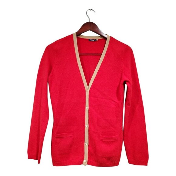 Magaschoni Women’s Cashmere Red Button Down Cardigan Sweater Tan Trim Sz M - Picture 1 of 15